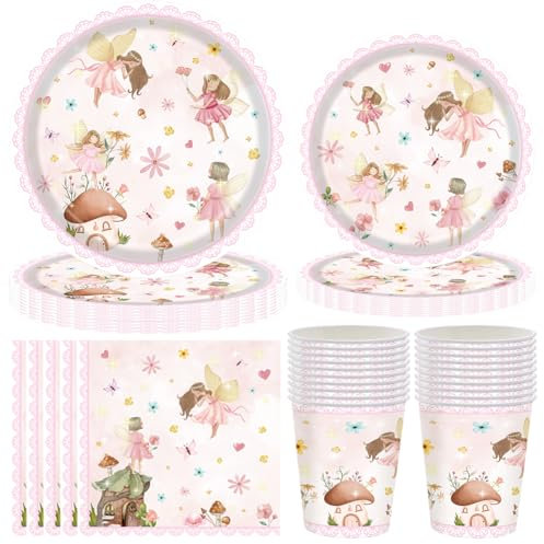PLNVNVP 80pcs Vaisselle De Fête Anniversaire Fée, Fée Papillon, Assiette en Papier, Tasse, Serviette, Vaisselle de Fête Anniversaire Décorations - 20 Invités