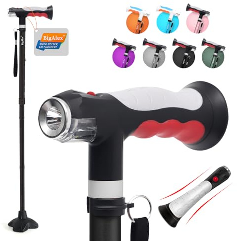 BigAlex Gehstock mit Zwei Leuchten für Damen und Herren, Faltbare Gehstöcke mit Rutschfester Quad-Basis für Stabil, Klappbar, Höhenverstellbar, Aufstehhilfe, Gehhilfe Stock für Senioren & Erwachsene