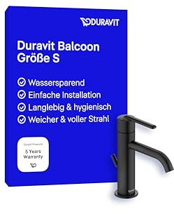 Duravit Balcoon Waschtischarmatur, Größe S (Auslauf Höhe 123 mm), energiesparende Waschbecken Armatur, wassersparender Wasserhahn Bad (MinusFlow), mit Zugstangen-Ablaufgarnitur, Schwarz Matt
