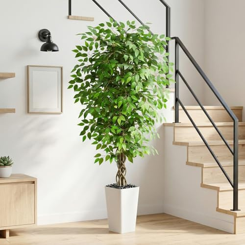 Künstlicher Ficusbaum 150cm, Kunstpflanzen Groß wie echt mit Weiß Topf | üppige Ficus Benjamini Zimmerpflanzen, Plastik Pflanze Birkenfeige Kunstbaum, für Wohnzimmer Balkon Schlafzimmer Büro Deko