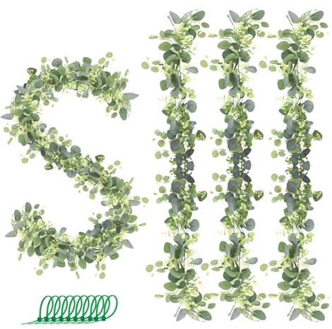 Surplex 4 Stück Künstliche Eukalyptus Girlande, Girlande Pflanze 180cm Hängend Grüne Blätter Deko mit Weiße Blumen Silberdollar Eukalyptusranke für Hintergrund Hochzeit Bogen Grau Grün