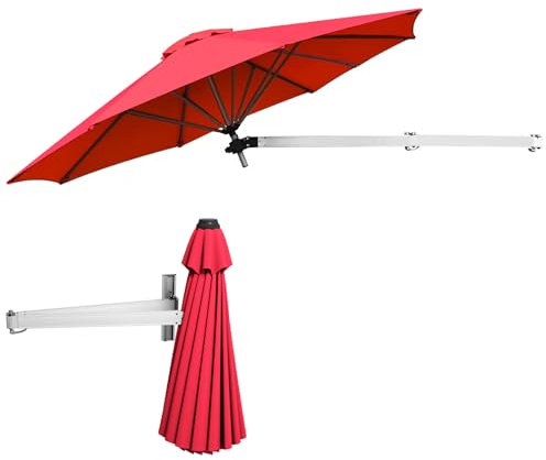 KOMFOTTEU Wandschirm winkelverstellbar, Sonnenschirm an der Wand platzsparend & knickbar, Ampelschirm φ250cm mit Sonnenschutz & Wetterschutz, Balkonschirm für Outdoor (Rot)