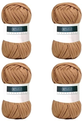 4 Pack 100g Grobes Baumwolle Garn zum Stricken und Häkeln T-Shirt Band Strickgarn Baumwolle Überwurfgarn Weiches Großes Garn Häkelgarn Set für Korb Taschen Decken Hüte Spielzeug Schals Braun
