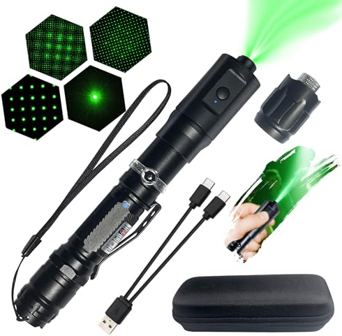 LETEAPII Green Beam Taschenlampe Wiederaufladbar, Doppelklick ON/OFF, Auto-Rotating Elektrischer Kopf mit 5 Modi, 2-in-1-Ladekabel, Taktische Taschenlampen für Outdoor, Astronomie, Camping und