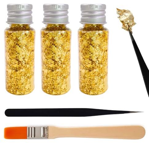 3 Flaschen Essbare Blattgoldblätter mit Pinzette & Pinsel, Blattgold Flocken Multifunktions-Dekorfolienpapier Goldfolie Papier für Küche, Mousse, Kuchen, Backen, Gebäck, Kunsthandwerk & Dekoration