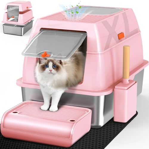 Stainless Steel Cat Litter Box with Lid, XL, Easy to Clean, Odour Control Metal Stainless Steel Cat Litter Tray with Charcoal Filter, Dual-Door Configuration - Pink