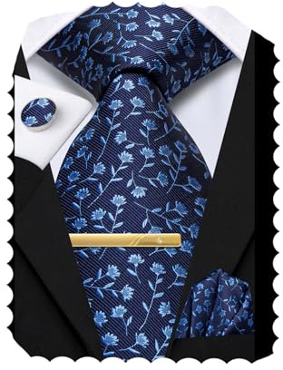 Hi-Tie 177,8 cm extra lange Krawatten für Herren, Seide, Herren, lange Krawatten und Einstecktuch, Manschettenknöpfe, Clipnadel-Set, Krawatte für Business