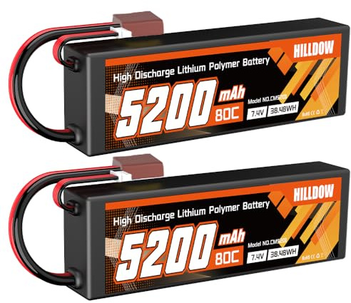 Hilldow LiPo Akku 5200mAh 7,4V 80C RC LiPo Akku mit T-Stecker für RC Auto/Boot/Drohne (2 Packungen)