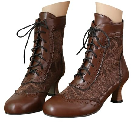 Generisch Lolita - Stivali da donna vintage vittoriani, con lacci, stivaletti da equitazione, con cerniera laterale, con tacco medio, cavaliere