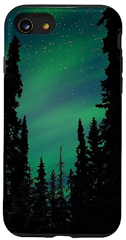 Hülle für iPhone SE (2020) / 7/8 Grüne Aurora Borealis Northern Galaxy beleuchtet Waldbäume