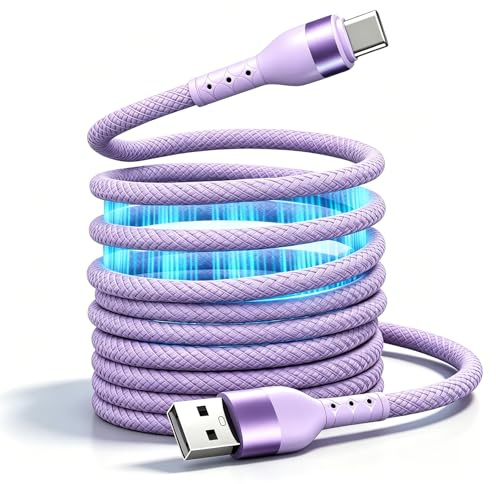 Magnetisches Ladekabel USB C für Auto & Schreibtisch, Elastisches USB A auf USB C Kabel 60W Schnellladekabel Verwicklungsfrei Kompatibel mit iPhone 17 16 Pro Max Samsung S24(2M, Lila)