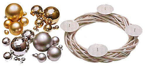 Unbekannt Adventskranz Natura weiß ohne Kerzen mit Kugeln Gold und Silber