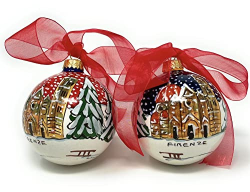 CERAMICHE D'ARTE PARRINI- Ceramica italiana artistica, coppia palle per albero di Natale, dipinte a mano, neve su Duomo di Firenze made in ITALY Toscana