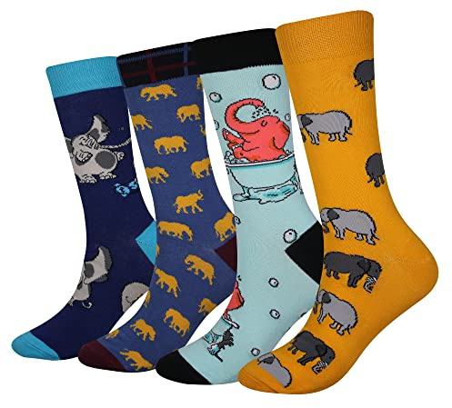 Cansok EUR 42-46 Lot de 4 paires de chaussettes fantaisie pour Homme Motif Animal Elefant