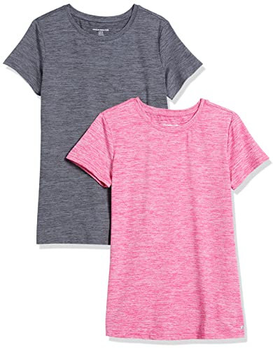 Amazon Essentials Damen Active Quick Dry Tech Stretch Kurzarm-T-Shirt mit Rundhalsausschnitt (in Übergröße erhältlich), 2er-Pack, Himbeere Space-dye/Kohlegrau Space-dye, L