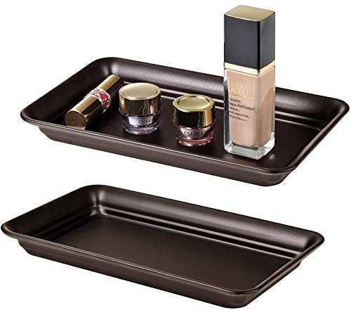 Vintage Farmhouse Decor Metal Vanity Tray(2 Pack),Countertop Guest Hand Towel Storage Organizer Tray Dispenser, Sturdy Holder for Perfume,Cosmetics, Jewelry, Makeup Bathroom Organizer (Bronze)