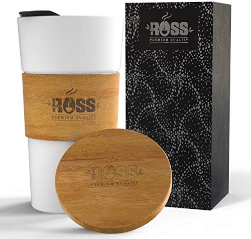 RÖSS Kaffeebecher to go aus Keramik, Coffee to-go Becher mit dekorativer Bambusauflage als Insektenschutz und Plastikdeckel für unterwegs, Mehrwegbecher, 400ml, Weiß matt