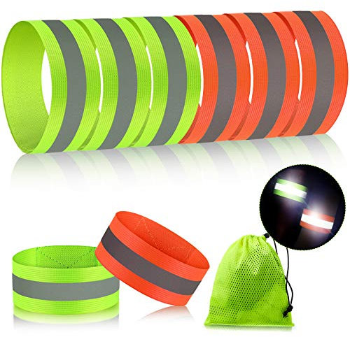 Sumind 8 Stück Reflektierende Bänder Winter Reflektierende Bänder mit Hoher Sichtbarkeit Reflektierende Gurte Band Armbänder Reflektierendes Laufwerk für Frauen Männer Radfahren (Grün, Orange)