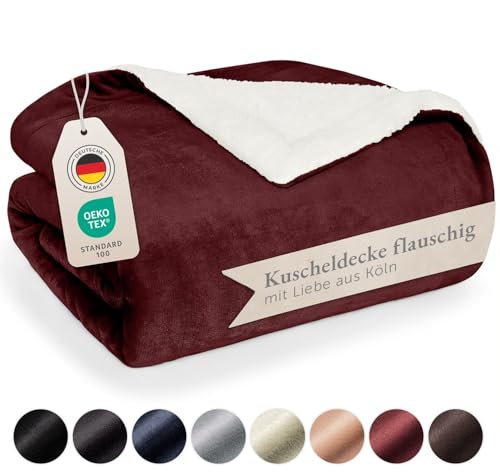 Blumtal Premium Sherpa Kuscheldecke flauschig - Wohndecke Kuscheldecke 230x270 cm - Oeko-TEX zertifizierte Fleecedecke 230x270 cm - Wohn- & Kuscheldecke - Wolldecke 230x270 - Sofadecke in Dunkelrot