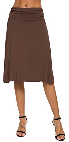 EXCHIC Damen Elegant Hohe Taille A-Linie Knie Länge Yoga Rock Elastisch Bundfalten Fließend Midi Röcke