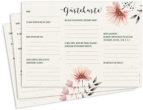 FRUITPRINTS 25er Set Gästekarten, Motiv: Blumenwiese, mit Fragen zum Ausfüllen, Format A5, Hochzeitsspiel, Gästebuchkarten