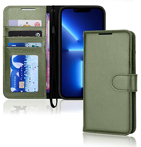 TECHGEAR iPhone 13 Pro Max Leather Wallet Case, Flip Protective Case Cover with Wallet Card Holder, Stand and Wrist Strap - Green PU Leather with Magnetic Closure Designed for iPhone 13 Pro Max 6.7