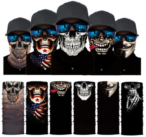 Freesom Lot de 6 Cache Cou Col Visage Couvre-Chef Modo Ete Bandana Tube Homme Tete de Mort Crane Cagoule Tour de Cou Elastique Respirant Anti-solaire Sport Velo Vintage Cadeau Pas Cher