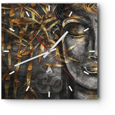 Modern Wanduhr Buddha Gold Bodhisattva 40x40cm Quadrat Groß Wand Uhr Glas Analog Zimmeruhren Küche Büro Wohnzimmer Glasuhr Wall Clock Dekoration Design Wanddekoration Küchenuhr C3AC40x40-4442