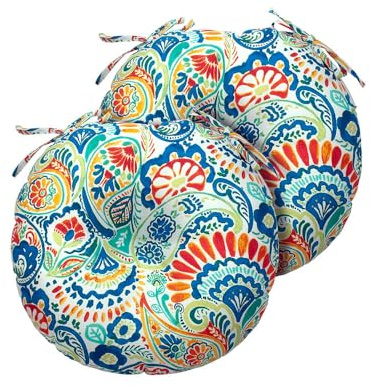 Magpie Fabrics 15 Round Bistro Seat Cushions with Ties, Set of 2, Waterproof All Weather Tufted 4 Thick Patio Chair Pads for Home Garden Dining Metal Stool - Paisley Multi