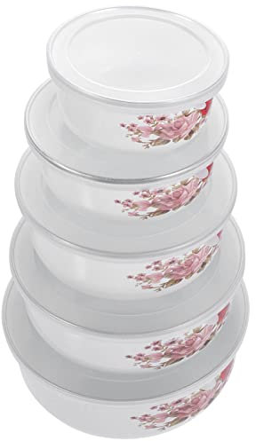 HEMOTON Bol en émail avec couvercle Ensemble de 5 bols mélangeurs en émail Bol à soupe à fleurs Salade de fruits Bol de service pour le stockage des fruits à salade