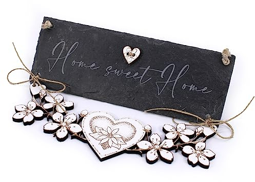 Schiefer Schild Home Sweet Home mit Blumenelement und Herz aus Holz - Schild Haustür Eingang Türschild Türdeko Willkommensschild 22 x 16 cm