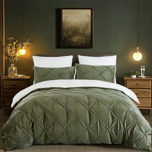 Winter Bettwäsche 200x220cm Flanell Fleece Grün Weiß Wendebettwäsche Set Flauschig Plüsch Sherpa Cashmere Touch Pintuck Bettbezug und 2 Kissenbezug 80x80 mit Reißverschluss,Oeko-Tex Zertifiziert