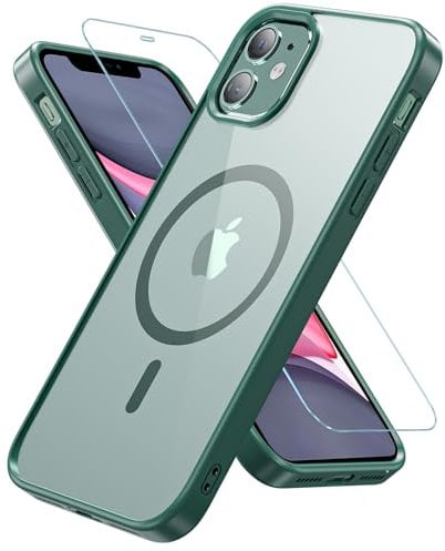 OWKEY Compatible with iPhone 11 Case, iPhone 11 Phone Case 6.1 with Tempered Glass, [Shockproof Military Grade Drop] Transparent Back Magnetic Slim Bumper Cover Case for Phone 11, Green