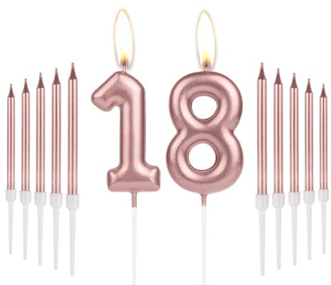 Girls 18th Birthday Candles & Decorations - Number 18 Rose Gold Long Candles, Cake Topper for Women's 18th Birthday & Wedding Anniversary Celebrations