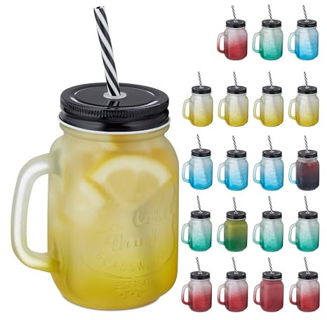 Relaxdays Jarre avec Paille et Couvercle, Lot de 20, 400 ML, Design givré, Verre avec Anse, gobelet, Multicolore - Noir