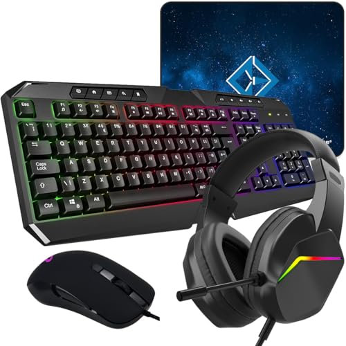 Combrite 4-in-1 Gaming Kit, Keyboard, Mouse, Headset And Mouse Pad, 7 Colour LED Backlights, USB Wired, Black