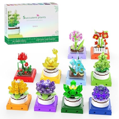 BAKA Succulents Flowers Building Sets - 10 Artificial Plants Bonsai for Adults, Home Decor Accessory, Birthday Gift Idea for Her, Him, Wife or Husband (843 Pieces)