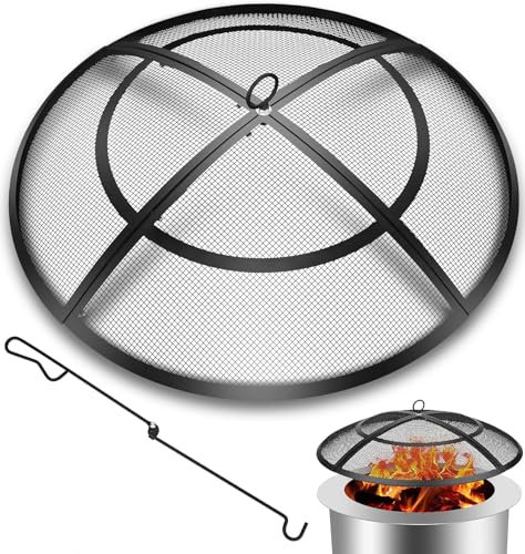 Feuerstelle, 91,4 cm (36 Zoll) Feuerstelle, Abdeckung für den Außenbereich mit Griff und Schürhaken, robuste Stahl-Feuerstellenabdeckung, rundes Netz-Ersatz für Hinterhof, Strand, Wohnmobil, Camping