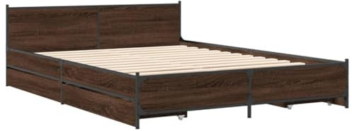 vidaXL Bettgestell, Bett mit Schubladen, Bettrahmen mit Metallbeine Sperrholzlatten, Doppelbett für Schlafzimmer, Schubladenbett, Braun Eichen-Optik 135x190cm Holzwerkstoff