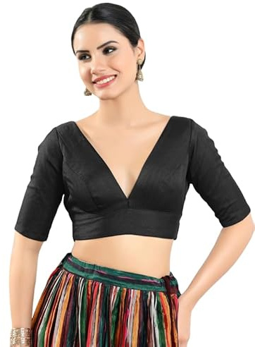 Dupion Silk Solid Non Padded Saree Blouse Top V-Neck Short Sleeves Hook and Eye Closure and Tie-Up Back Choli Black