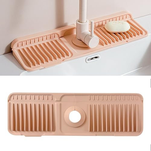 Sink Faucet Mat with Slope for Self Draining Silicone Sink Splash Guard as Soap Dish & Sponge Holder Faucet Handle Drip Catcher Tray for Kitchen Counter Bathroom (Pink)