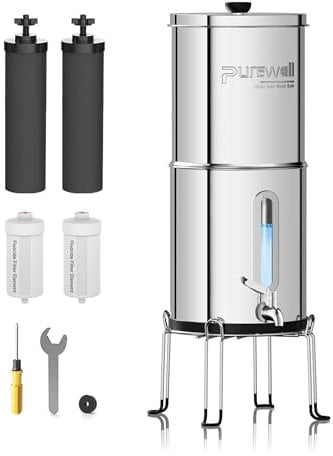 Purewell 6-Stage Gravity Ultrafiltration Water System,Glass Visible Water Level Design, 304 Stainless Steel Countertop System with 4 Filters and Mounts, Reduces Fluoride and Chlorine, 8.5 Litre