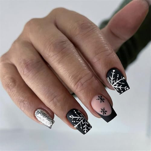 Christmas False Nails Black - 24pcs Square Matte Fake Nails with Glue - Medium Length False Nails French Tip Coffin Design - Glitter Black Snowflake Pattern Stick on Nails for Christmas