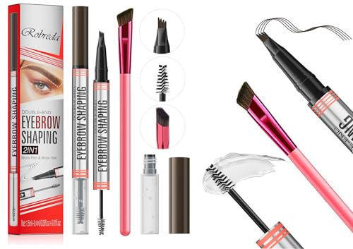 Robreda Augenbrauenstift Härchenzeichnung, Doppelseitig für Microblading & Brow lift Wasserdichter 4D Augenbrauenstift mit 4 Gabelspitzen, Tiefe Braun