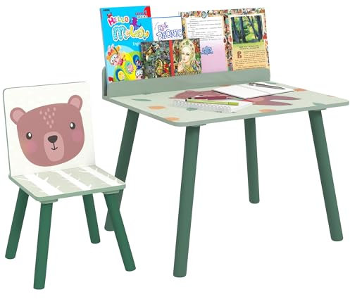 AIYAPLAY Set Sedia e Tavolino per Bambini con Ripiano Portaoggetti, Banco Scuola e Sedia in MDF e Legno di Pino, per Cameretta, Stanza da Gioco, Camera da Letto, Verde
