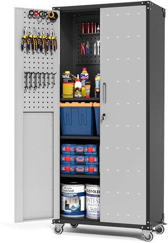 BIZOEIRON Werkzeugschrank Groß, Metallschrank mit Rädern, Garagenschrank mit 2 Türen Und Pegboard, Rollender Werkstattschrank, Montage Erforderlich, Schwarz & Grau