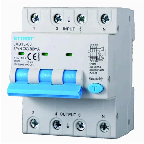 380V 63A C63, INTERRUTTORE MAGNETOTERMICO DIFFERENZIALE SALVAVITA, 3P+N, MONTAGGIO SU BARRA DIN, 4 MODULI, 300mA, 6KA 6000A, RCBO, 415VAC, classe A
