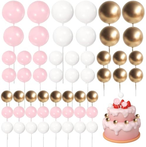 OZDEMIR 54Pcs Pink, White & Gold Cake Balls, Ball Cake Topper Decorations, 18 Pcs Each in 4 Sizes, Wedding & Birthday Cake Toppers
