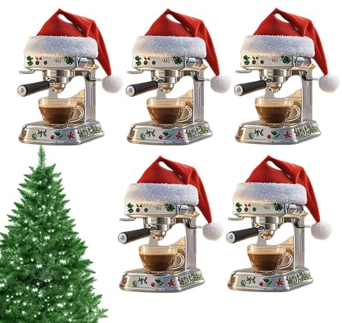 Ornament für Kaffeemaschine, Ornament der Kaffeemaschine, 5 x Weihnachtsschmuck aus Acryl, für den Baum, Flache Weihnachtsdekoration, 2D, dekorative Dekoration für Haus und Auto