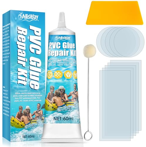 AllisWay Kit Reparation Liner Piscine, Kit Reparation Spa Gonflable, Rustine Matelas Gonflable, avec 10 Autocollants de Réparation Transparents, Convient aux Kayaks Gonflables, Tentes, Piscine, 60 ML